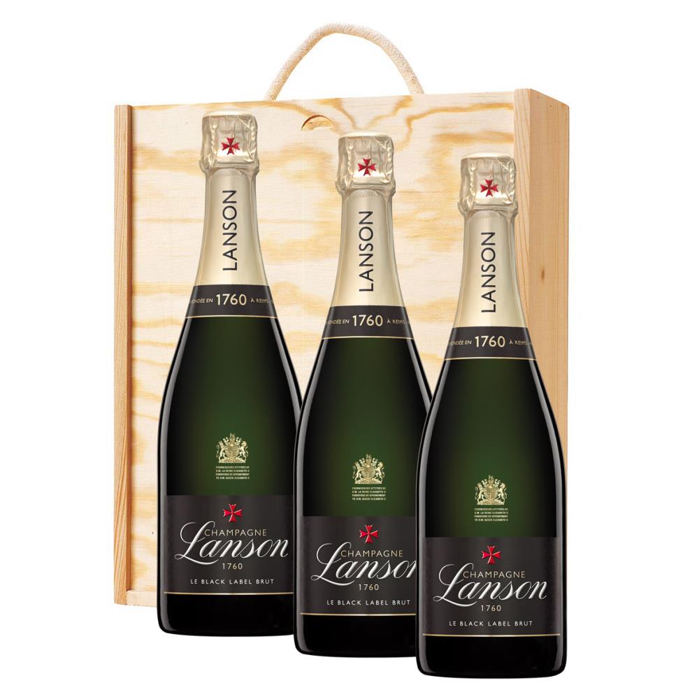 3 x Lanson Le Black Label Brut Champagne 75cl In A Pine Wooden Gift Box